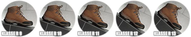 Fünf braune Wanderschuhe auf schrägen Fliesen, jeweils mit den Rutschfestigkeitsklassen R9 bis R13 beschriftet.